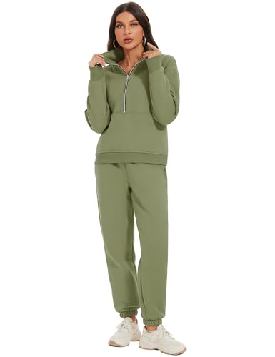 COZYPOIN Women Fleece 2 Piece Outfit Half Zip Sweatshirt And Joggers Sweatpants Y2K Set Tracksuit(GreyGreen-M)