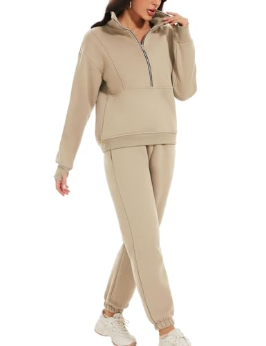 Flygo Womens Fleece 2 Piece Outfits Sweatsuit Half Zip Pullover Sweatshirt Joggers Pants Tracksuit Set (LightKhaki-L)
