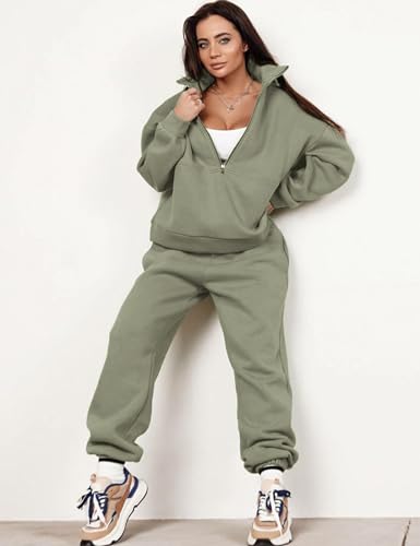 Himosyber Women Sweatsuits Half Zip Fleece Sweatshirt and Pant 2 Piece Joggers Set Tracksuit (MossGreen-M)