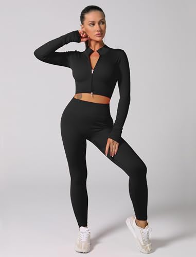 ABOCIW Workout Sets for Women 2 Piece Seamless Ribbed Long Sleeve Zip Crop Top Jacket Tummy Control High Waist Leggings Sets GYm Yoga Outfits Winter Fall Gym Clothes Black Small