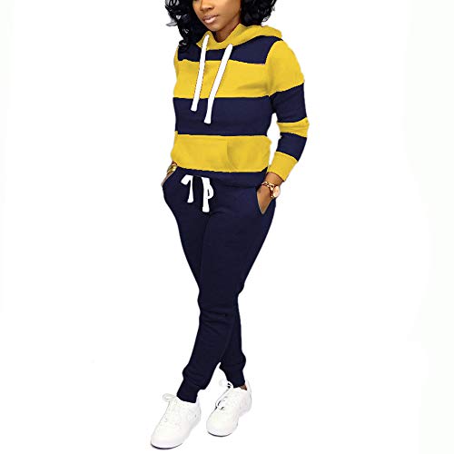 Nimsruc Womens 2 Piece Tracksuit Long Sleeve Casual Patchwork Hooded Collar Pants Set Yellow XL