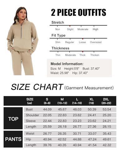 Flygo Womens Fleece 2 Piece Outfits Sweatsuit Half Zip Pullover Sweatshirt Joggers Pants Tracksuit Set (LightKhaki-L)