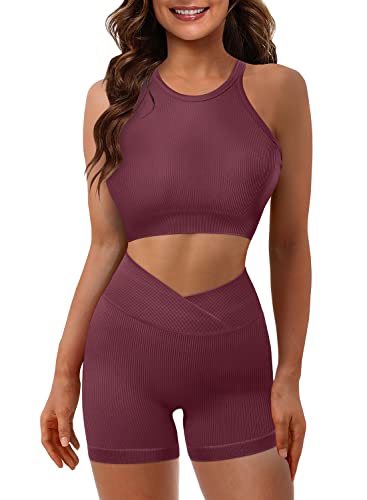 JZC Women's Workout Outfit 2 Pieces Seamless Yoga Leggings Gym Clothes Sets Purple Small