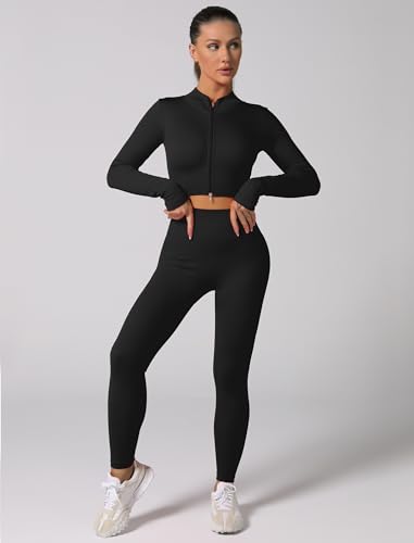 ABOCIW Workout Sets for Women 2 Piece Seamless Ribbed Long Sleeve Zip Crop Top Jacket Tummy Control High Waist Leggings Sets GYm Yoga Outfits Winter Fall Gym Clothes Black Small