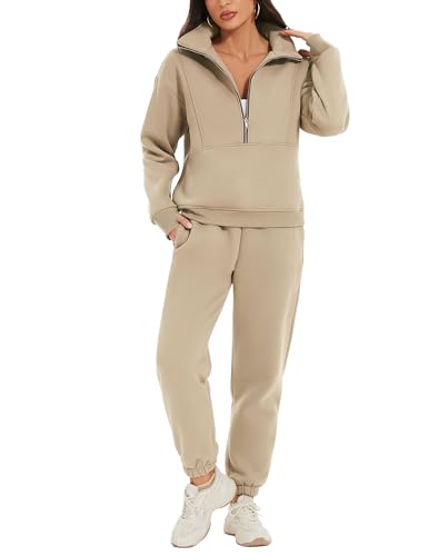 Flygo Womens Fleece 2 Piece Outfits Sweatsuit Half Zip Pullover Sweatshirt Joggers Pants Tracksuit Set (LightKhaki-L)