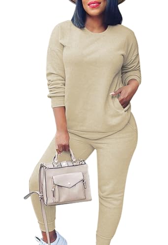 Fixmatti Women 2 Piece Sweatsuit Solid Color Long Sleeve Pullover Long Pant Tracksuit Jogger Set Khaki S