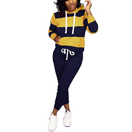 Nimsruc Womens 2 Piece Tracksuit Long Sleeve Casual Patchwork Hooded Collar Pants Set Yellow XL