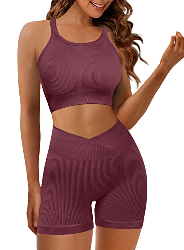 JZC Women's Workout Outfit 2 Pieces Seamless Yoga Leggings Gym Clothes Sets Purple Small