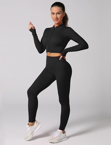 ABOCIW Workout Sets for Women 2 Piece Seamless Ribbed Long Sleeve Zip Crop Top Jacket Tummy Control High Waist Leggings Sets GYm Yoga Outfits Winter Fall Gym Clothes Black Small