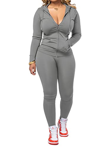 PINSV Women Two Piece Outfits Workout Sets Bodycon Tracksuit Long Sleeve Zip Up Hoodie Jacket Jogger Matching Sweat Pants Set Grey XXL