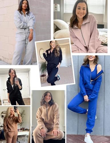Flygo Womens Fleece 2 Piece Outfits Sweatsuit Half Zip Pullover Sweatshirt Joggers Pants Tracksuit Set (LightKhaki-L)