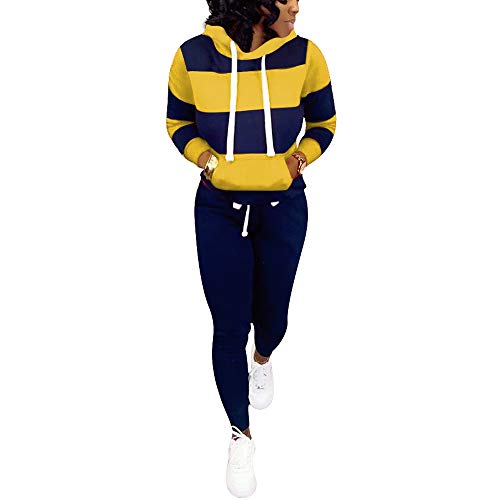 Nimsruc Womens 2 Piece Tracksuit Long Sleeve Casual Patchwork Hooded Collar Pants Set Yellow XL