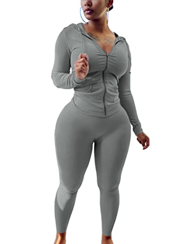 PINSV Women Two Piece Outfits Workout Sets Bodycon Tracksuit Long Sleeve Zip Up Hoodie Jacket Jogger Matching Sweat Pants Set Grey XXL