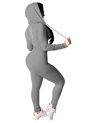 PINSV Women Two Piece Outfits Workout Sets Bodycon Tracksuit Long Sleeve Zip Up Hoodie Jacket Jogger Matching Sweat Pants Set Grey XXL