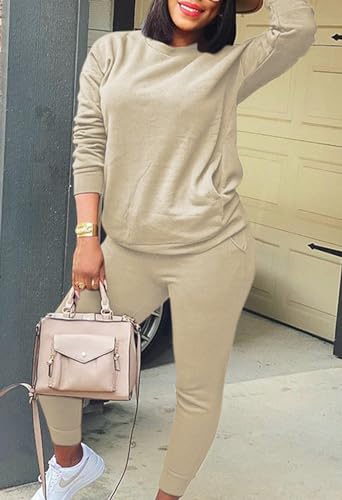 Fixmatti Women 2 Piece Sweatsuit Solid Color Long Sleeve Pullover Long Pant Tracksuit Jogger Set Khaki S