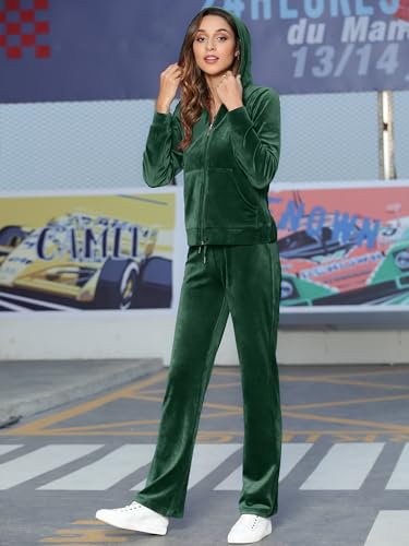 MessBebe Womens Sports Outfits Set 2 Piece Tracksuits for Women Workout Sweatsuits Long Sleeve Hoodie Sweatshirt Pants Dark Green Large