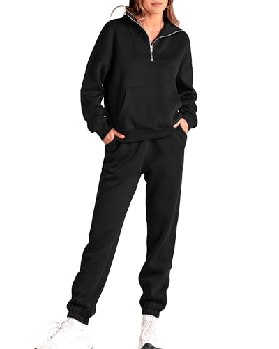 BTFBM Women 2 Piece Tracksuits Fall Winter 1/4 Zip Sweatshirt Jogger Pants Matching Lounge Sets Thick Sweatsuits Pockets(Solid Black, XX-Large)