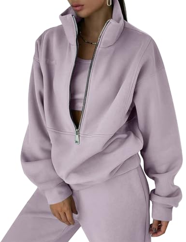 ROJZR Fleece Track Suits for Women Set Half Zip Sweatshirt Casual Jogger Sweatpants Sets 2 Piece Sweat Sets(Purple-XXL)