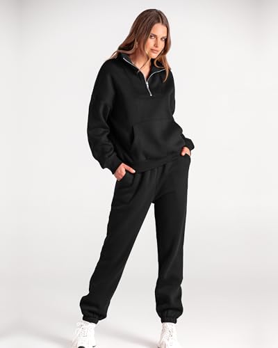 BTFBM Women 2 Piece Tracksuits Fall Winter 1/4 Zip Sweatshirt Jogger Pants Matching Lounge Sets Thick Sweatsuits Pockets(Solid Black, XX-Large)