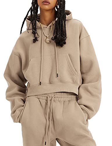 Flygo Womens Fleece 2 Piece Outfits Sweatsuit Crop Pullover Sweatshirt Joggers Pants Tracksuit Set(Khaki-M)