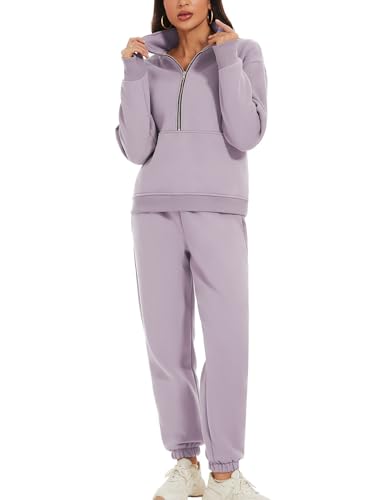 ROJZR Fleece Track Suits for Women Set Half Zip Sweatshirt Casual Jogger Sweatpants Sets 2 Piece Sweat Sets(Purple-XXL)
