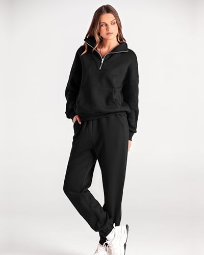 BTFBM Women 2 Piece Tracksuits Fall Winter 1/4 Zip Sweatshirt Jogger Pants Matching Lounge Sets Thick Sweatsuits Pockets(Solid Black, XX-Large)