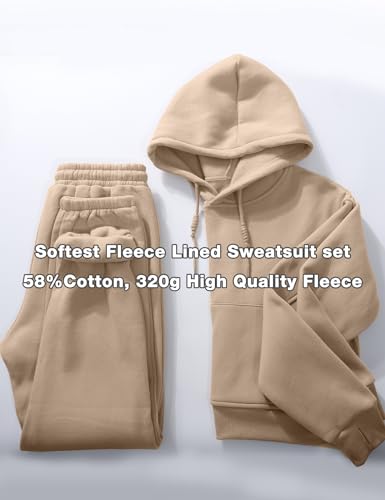 Flygo Womens Fleece 2 Piece Outfits Sweatsuit Crop Pullover Sweatshirt Joggers Pants Tracksuit Set(Khaki-M)