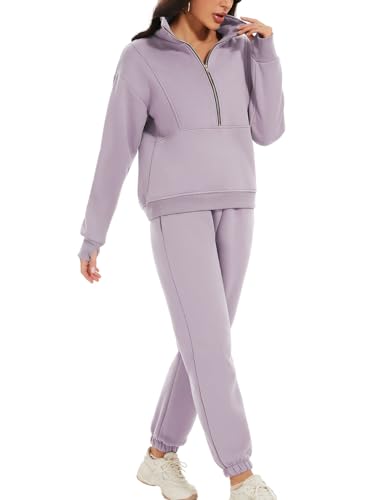 ROJZR Fleece Track Suits for Women Set Half Zip Sweatshirt Casual Jogger Sweatpants Sets 2 Piece Sweat Sets(Purple-XXL)