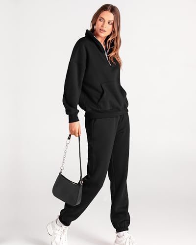 BTFBM Women 2 Piece Tracksuits Fall Winter 1/4 Zip Sweatshirt Jogger Pants Matching Lounge Sets Thick Sweatsuits Pockets(Solid Black, XX-Large)