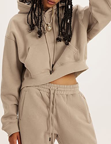 Flygo Womens Fleece 2 Piece Outfits Sweatsuit Crop Pullover Sweatshirt Joggers Pants Tracksuit Set(Khaki-M)