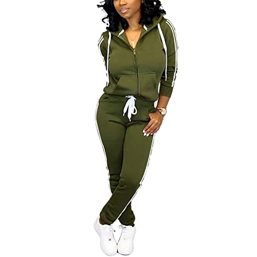 TOPSRANI Womens Two Piece Outfits Casual Sweatsuits Solid Tracksuit Jogging Sweat Suits Matching Jogger Hoodie Pants Set Workout Zip Army Green XL