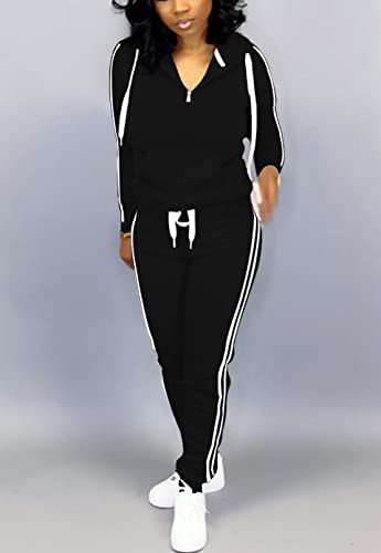 Mrskoala Two Piece Outfits for Women Tracksuit Sweat Suits Workout Jogging Sets Loungewear with Pocket Black XL