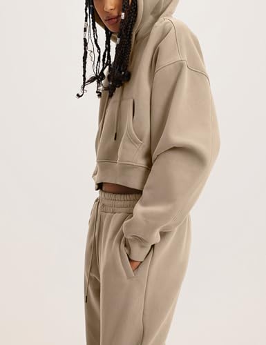 Flygo Womens Fleece 2 Piece Outfits Sweatsuit Crop Pullover Sweatshirt Joggers Pants Tracksuit Set(Khaki-M)