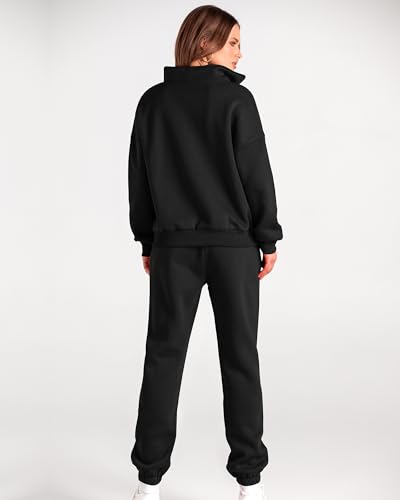 BTFBM Women 2 Piece Tracksuits Fall Winter 1/4 Zip Sweatshirt Jogger Pants Matching Lounge Sets Thick Sweatsuits Pockets(Solid Black, XX-Large)