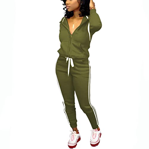 TOPSRANI Womens Two Piece Outfits Casual Sweatsuits Solid Tracksuit Jogging Sweat Suits Matching Jogger Hoodie Pants Set Workout Zip Army Green XL