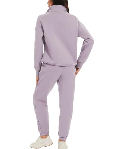 ROJZR Fleece Track Suits for Women Set Half Zip Sweatshirt Casual Jogger Sweatpants Sets 2 Piece Sweat Sets(Purple-XXL)