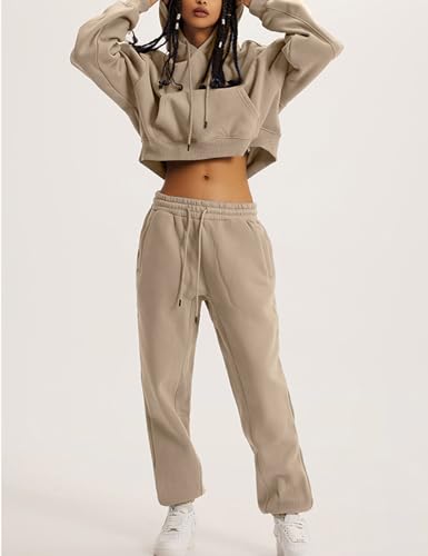Flygo Womens Fleece 2 Piece Outfits Sweatsuit Crop Pullover Sweatshirt Joggers Pants Tracksuit Set(Khaki-M)