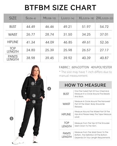 BTFBM Women 2 Piece Tracksuits Fall Winter 1/4 Zip Sweatshirt Jogger Pants Matching Lounge Sets Thick Sweatsuits Pockets(Solid Black, XX-Large)