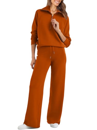 Glamaker Womens 2 Piece Outfits Lounge Set Two Piece Sweatsuits Oversized Half Zip Sweatshirt and Sweat Pants Sweatsuit Set Track Suits Fall Athleisure Sets Orange M