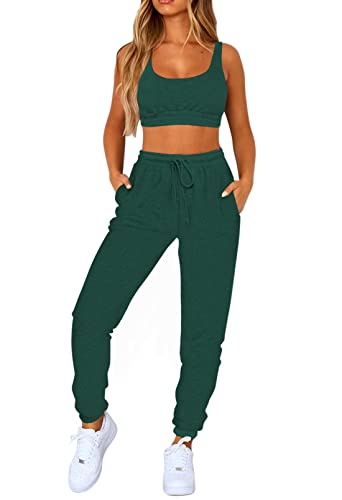Fixmatti Women Sweatsuit Bra and Sweatpants Workout Sets 2 Piece Sport Outfits Joggers Suit Dark Green M