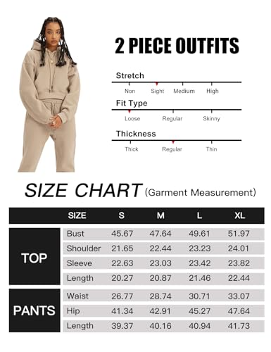 Flygo Womens Fleece 2 Piece Outfits Sweatsuit Crop Pullover Sweatshirt Joggers Pants Tracksuit Set(Khaki-M)