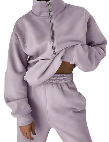 ROJZR Fleece Track Suits for Women Set Half Zip Sweatshirt Casual Jogger Sweatpants Sets 2 Piece Sweat Sets(Purple-XXL)
