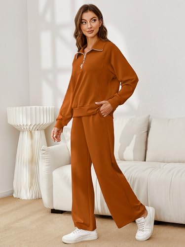 Glamaker Womens 2 Piece Outfits Lounge Set Two Piece Sweatsuits Oversized Half Zip Sweatshirt and Sweat Pants Sweatsuit Set Track Suits Fall Athleisure Sets Orange M