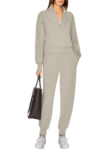 ANRABESS Women's 2 Piece Outfits Sweatsuit Half Zip Sweatshirt Jogger Sweatpant Trendy 2024 Fall Lounge Set Tracksuit Clothes Light Khaki Medium