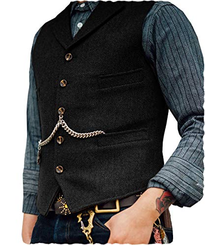 Mens Classic Wool Tweed Suit Vest Casual Sleeveless Jacket Herringbone Waistcoat for Tuxedos(Black,XX-Large)