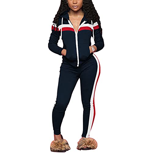 Nimsruc Two Piece Outfits For Women Jogging Suits Casual Sweatsuits Jogger Tracksuits Long Sleeve Zipper Matching Sets Dark Blue XXL