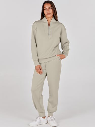 ANRABESS Women's 2 Piece Outfits Sweatsuit Half Zip Sweatshirt Jogger Sweatpant Trendy 2024 Fall Lounge Set Tracksuit Clothes Light Khaki Medium