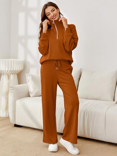 Glamaker Womens 2 Piece Outfits Lounge Set Two Piece Sweatsuits Oversized Half Zip Sweatshirt and Sweat Pants Sweatsuit Set Track Suits Fall Athleisure Sets Orange M