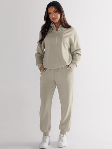 ANRABESS Women's 2 Piece Outfits Sweatsuit Half Zip Sweatshirt Jogger Sweatpant Trendy 2024 Fall Lounge Set Tracksuit Clothes Light Khaki Medium