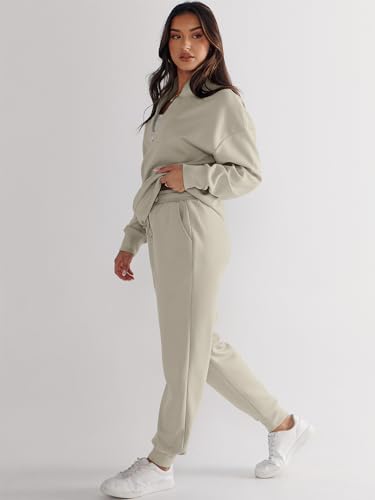 ANRABESS Women's 2 Piece Outfits Sweatsuit Half Zip Sweatshirt Jogger Sweatpant Trendy 2024 Fall Lounge Set Tracksuit Clothes Light Khaki Medium